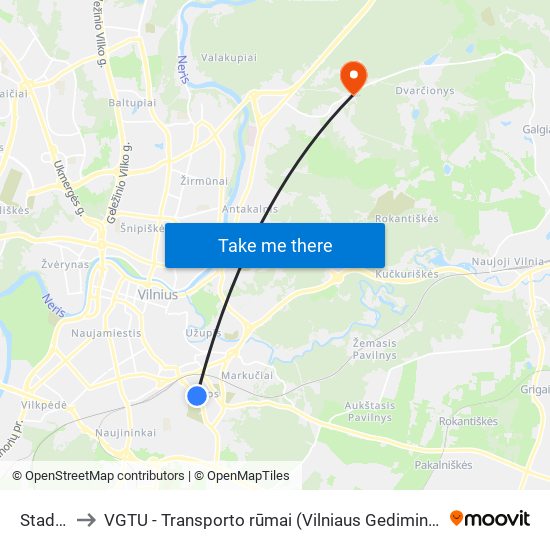 Stadionas to VGTU - Transporto rūmai (Vilniaus Gedimino technikos universitetas) map