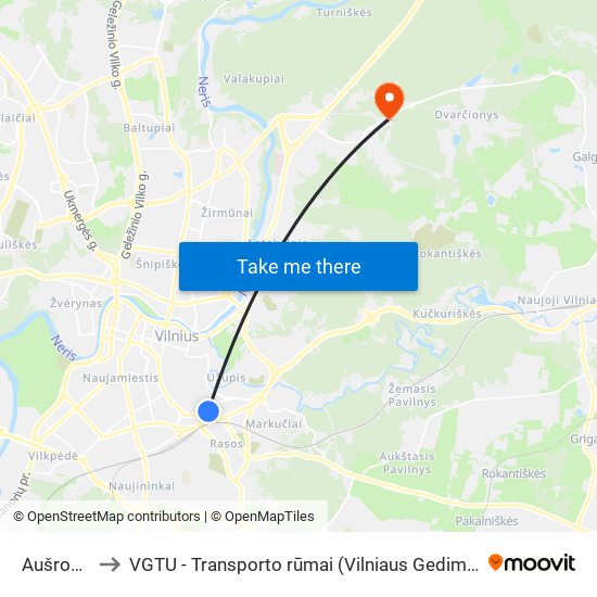 Aušros Vartai to VGTU - Transporto rūmai (Vilniaus Gedimino technikos universitetas) map
