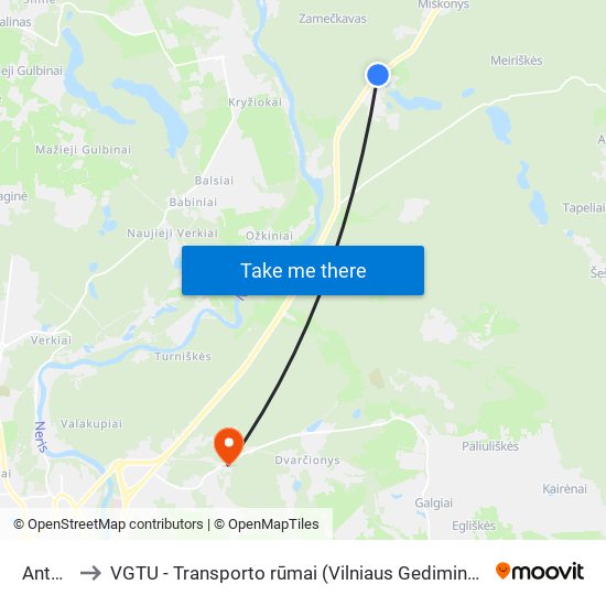 Antaviliai to VGTU - Transporto rūmai (Vilniaus Gedimino technikos universitetas) map