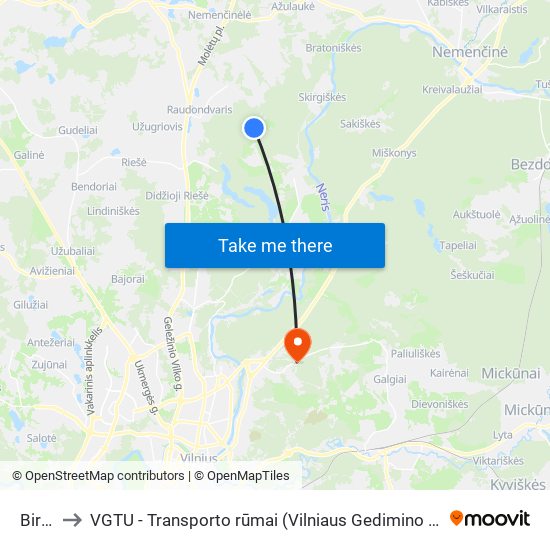 Bireliai to VGTU - Transporto rūmai (Vilniaus Gedimino technikos universitetas) map