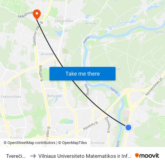 Tverečiaus St. to Vilniaus Universiteto Matematikos ir Informatikos Institutas map