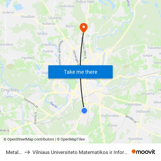 Metalo St. to Vilniaus Universiteto Matematikos ir Informatikos Institutas map