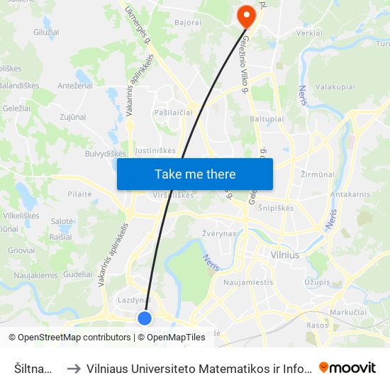 Šiltnamių St. to Vilniaus Universiteto Matematikos ir Informatikos Institutas map