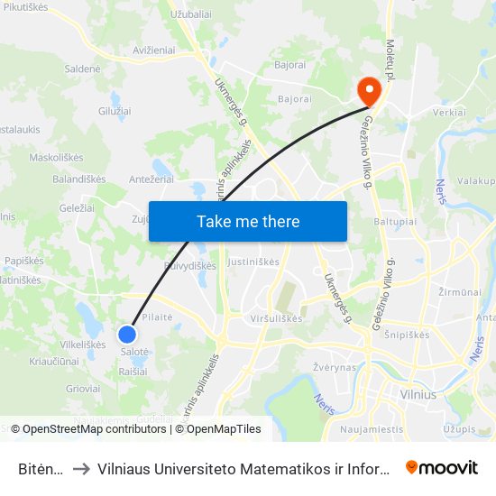 Bitėnų St. to Vilniaus Universiteto Matematikos ir Informatikos Institutas map