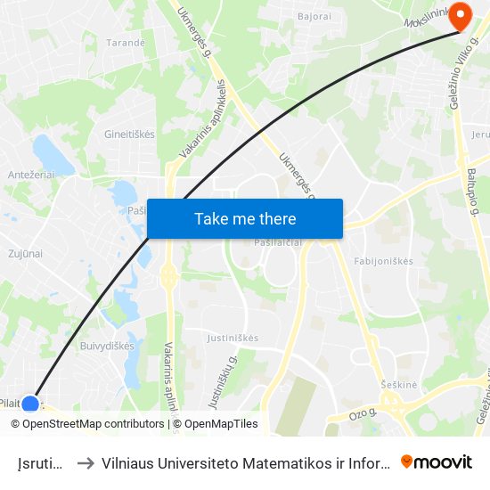 Įsruties St. to Vilniaus Universiteto Matematikos ir Informatikos Institutas map