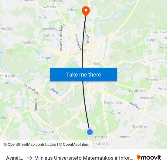 Avinėlių St. to Vilniaus Universiteto Matematikos ir Informatikos Institutas map