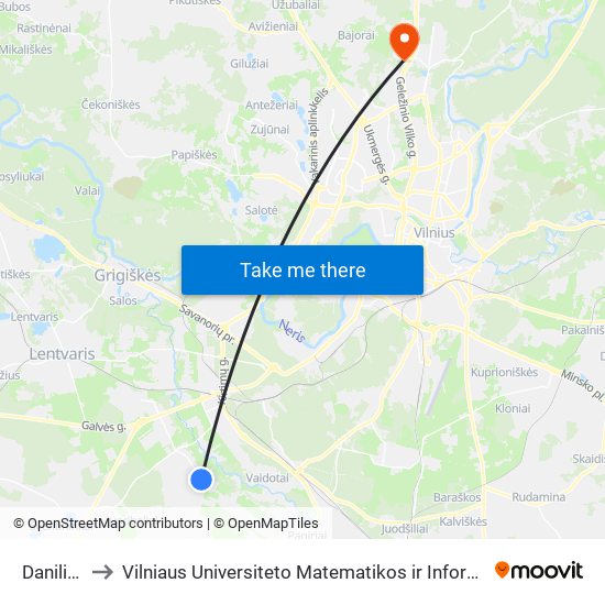 Daniliškės to Vilniaus Universiteto Matematikos ir Informatikos Institutas map