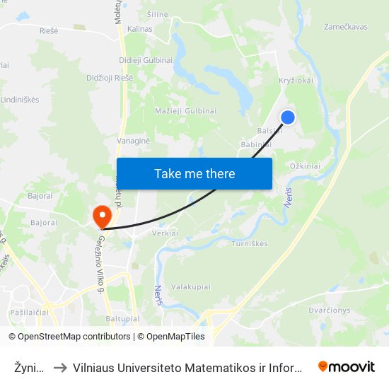 Žynių St. to Vilniaus Universiteto Matematikos ir Informatikos Institutas map