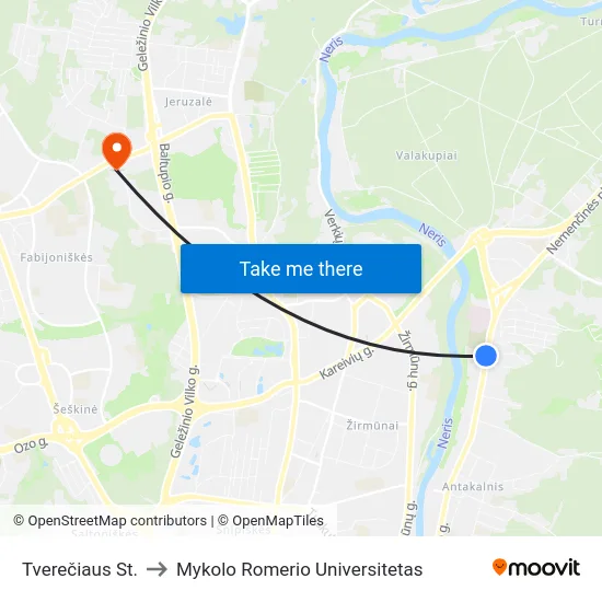 Tverečiaus St. to Mykolo Romerio Universitetas map