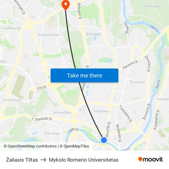 Žaliasis Tiltas to Mykolo Romerio Universitetas map