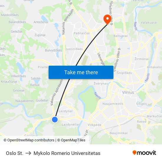 Oslo St. to Mykolo Romerio Universitetas map