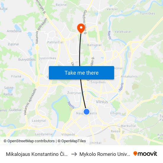 Mikalojaus Konstantino Čiurlionio St. to Mykolo Romerio Universitetas map