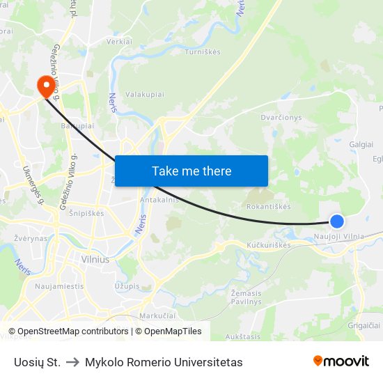 Uosių St. to Mykolo Romerio Universitetas map