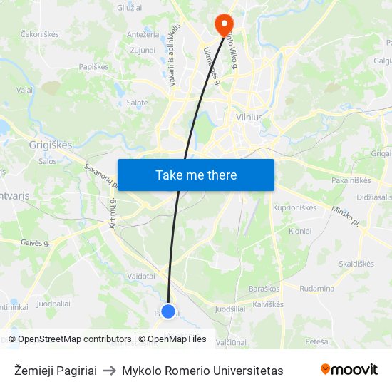 Žemieji Pagiriai to Mykolo Romerio Universitetas map