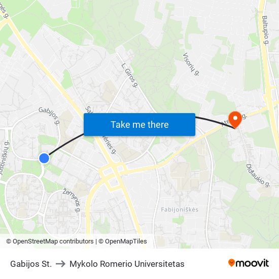 Gabijos St. to Mykolo Romerio Universitetas map