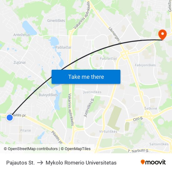 Pajautos St. to Mykolo Romerio Universitetas map