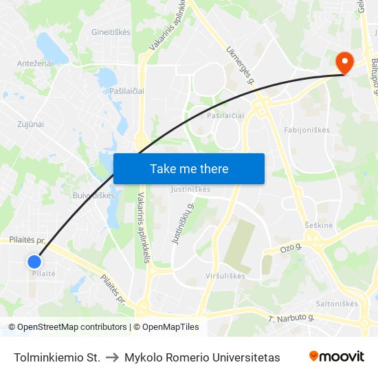 Tolminkiemio St. to Mykolo Romerio Universitetas map