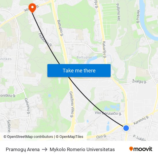 Pramogų Arena to Mykolo Romerio Universitetas map