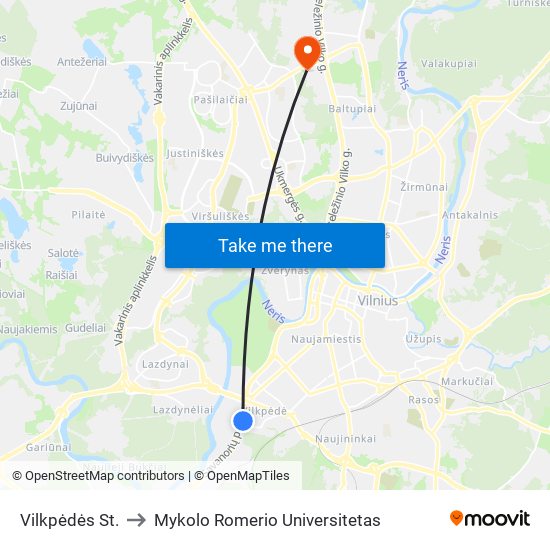 Vilkpėdės St. to Mykolo Romerio Universitetas map