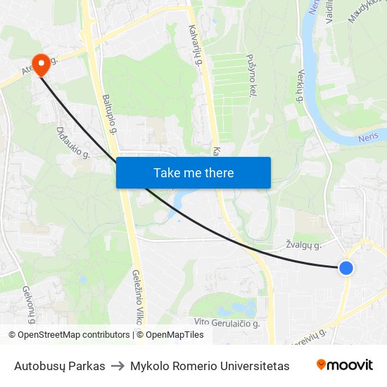 Autobusų Parkas to Mykolo Romerio Universitetas map