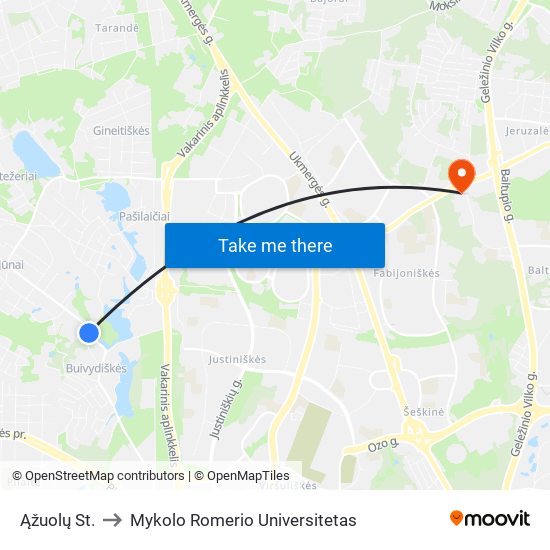 Ąžuolų St. to Mykolo Romerio Universitetas map