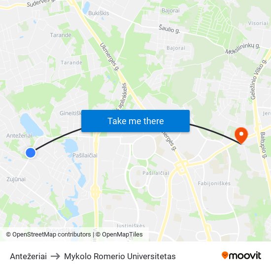 Antežeriai to Mykolo Romerio Universitetas map