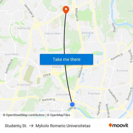 Studentų St. to Mykolo Romerio Universitetas map