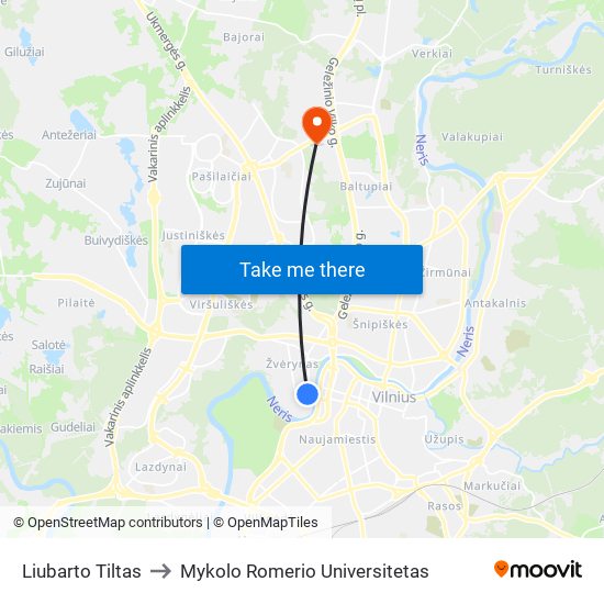 Liubarto Tiltas to Mykolo Romerio Universitetas map