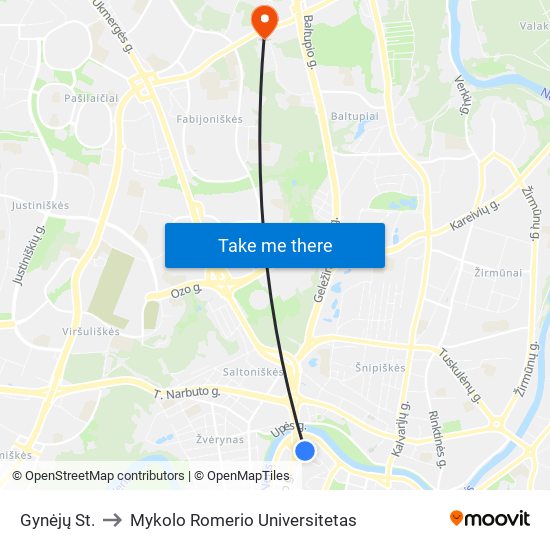 Gynėjų St. to Mykolo Romerio Universitetas map