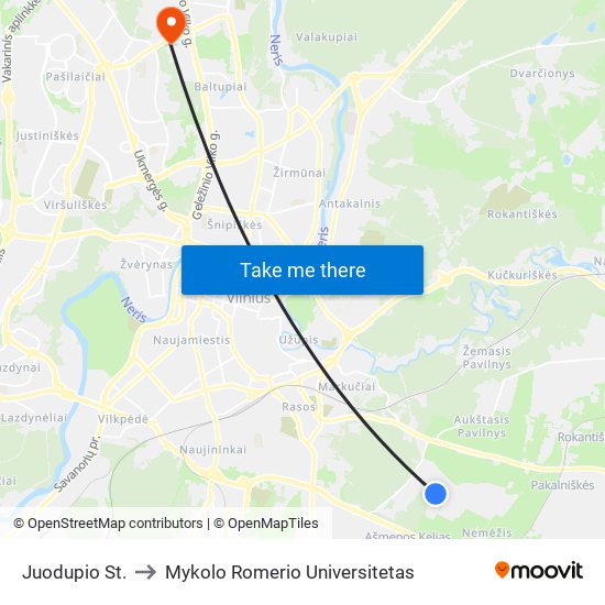 Juodupio St. to Mykolo Romerio Universitetas map