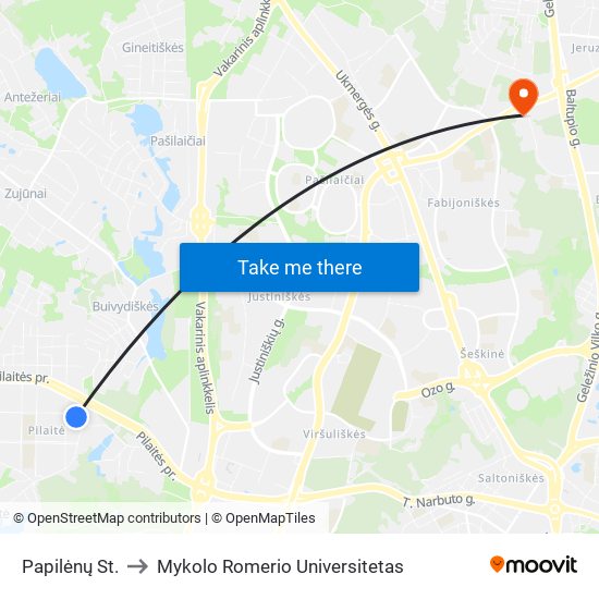 Papilėnų St. to Mykolo Romerio Universitetas map