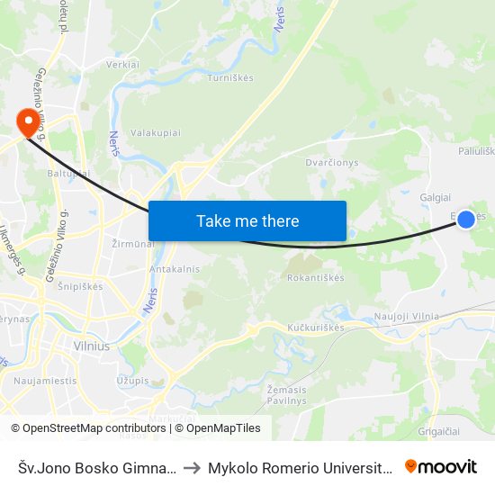 Šv.Jono Bosko Gimnazija to Mykolo Romerio Universitetas map