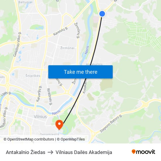 Antakalnio Žiedas to Vilniaus Dailės Akademija map