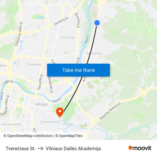 Tverečiaus St. to Vilniaus Dailės Akademija map