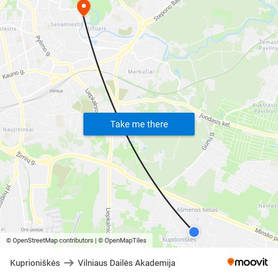 Kuprioniškės to Vilniaus Dailės Akademija map