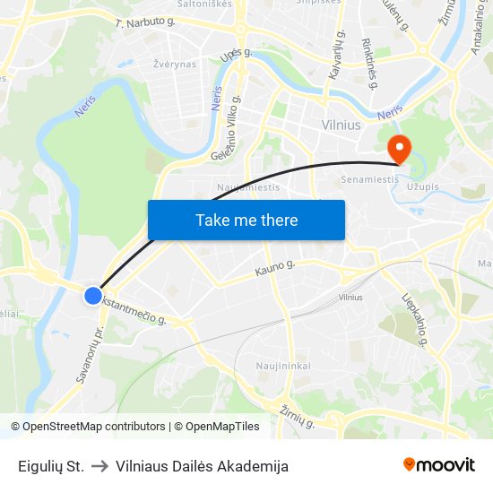 Eigulių St. to Vilniaus Dailės Akademija map