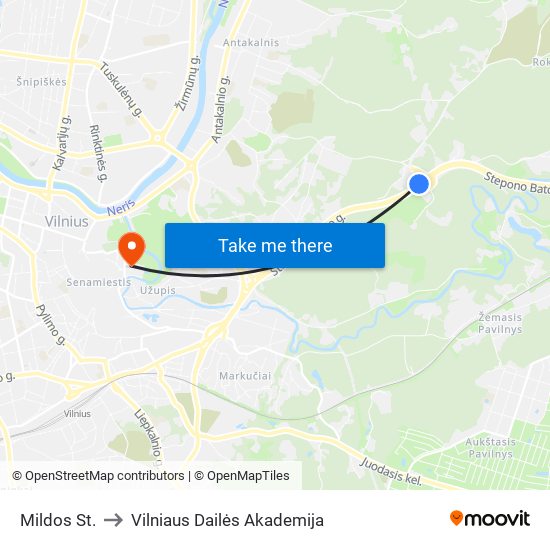 Mildos St. to Vilniaus Dailės Akademija map