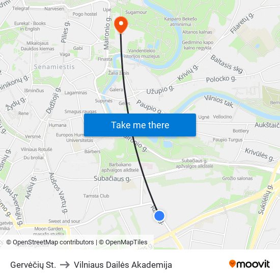 Gervėčių St. to Vilniaus Dailės Akademija map