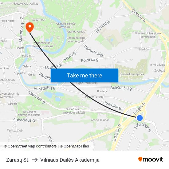Zarasų St. to Vilniaus Dailės Akademija map