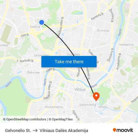 Gelvonėlio St. to Vilniaus Dailės Akademija map