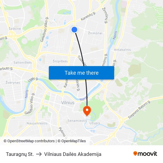 Tauragnų St. to Vilniaus Dailės Akademija map