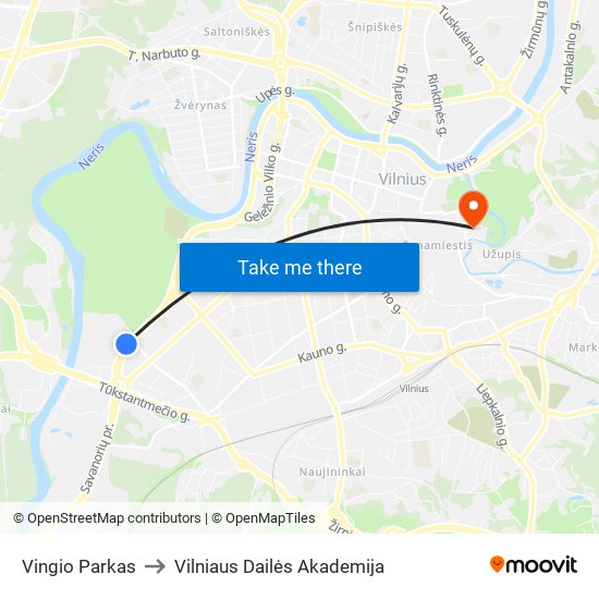 Vingio Parkas to Vilniaus Dailės Akademija map