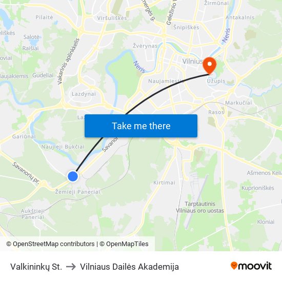 Valkininkų St. to Vilniaus Dailės Akademija map