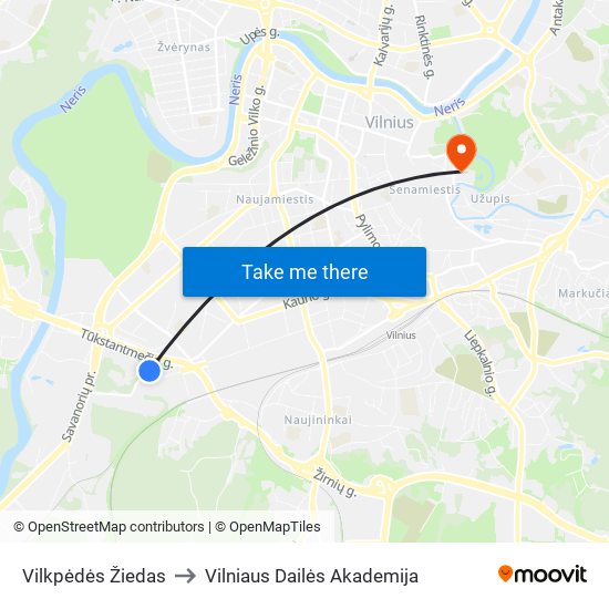 Vilkpėdės Žiedas to Vilniaus Dailės Akademija map