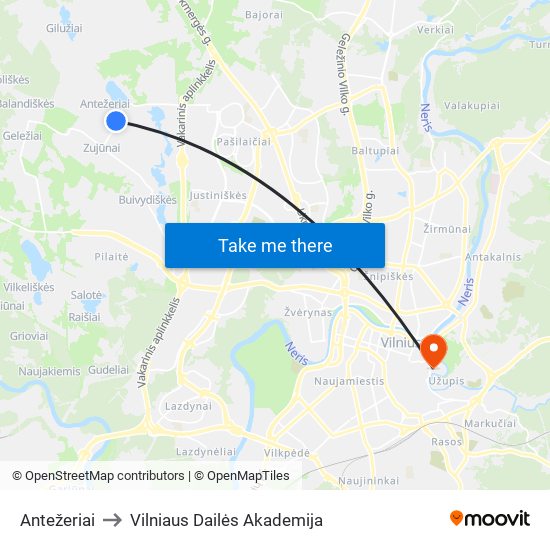 Antežeriai to Vilniaus Dailės Akademija map