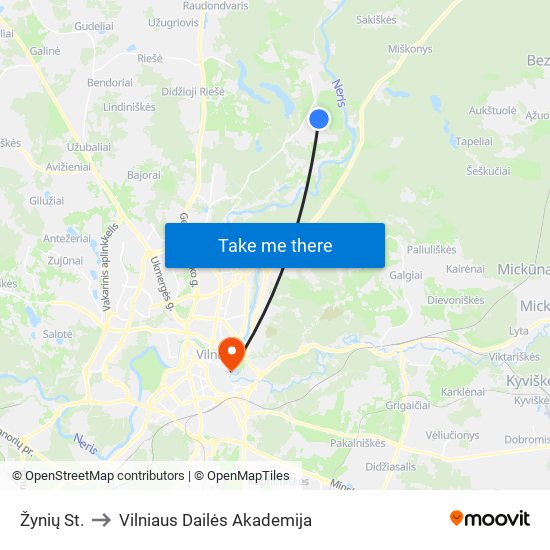 Žynių St. to Vilniaus Dailės Akademija map