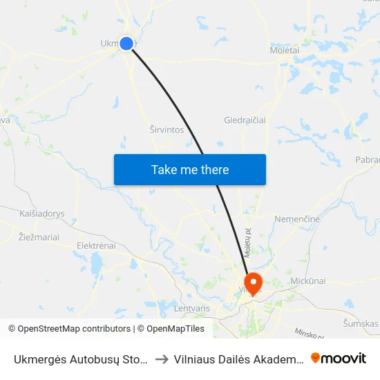 Ukmergės Autobusų Stotis to Vilniaus Dailės Akademija map