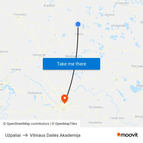 Užpaliai to Vilniaus Dailės Akademija map