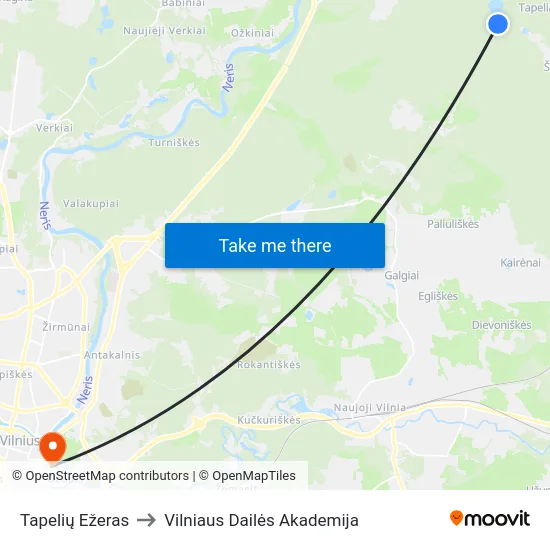 Tapelių Ežeras to Vilniaus Dailės Akademija map