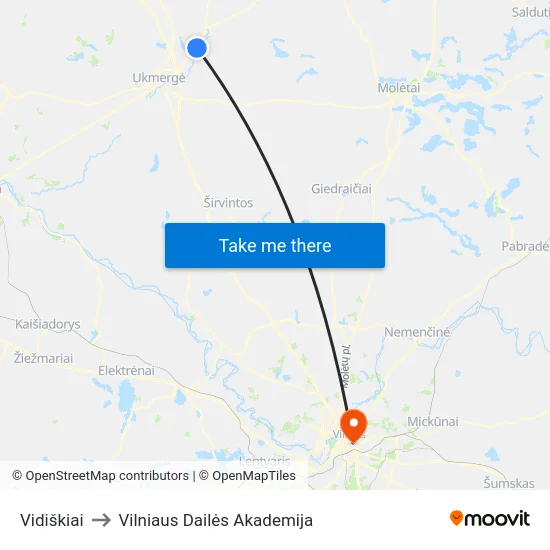 Vidiškiai to Vilniaus Dailės Akademija map